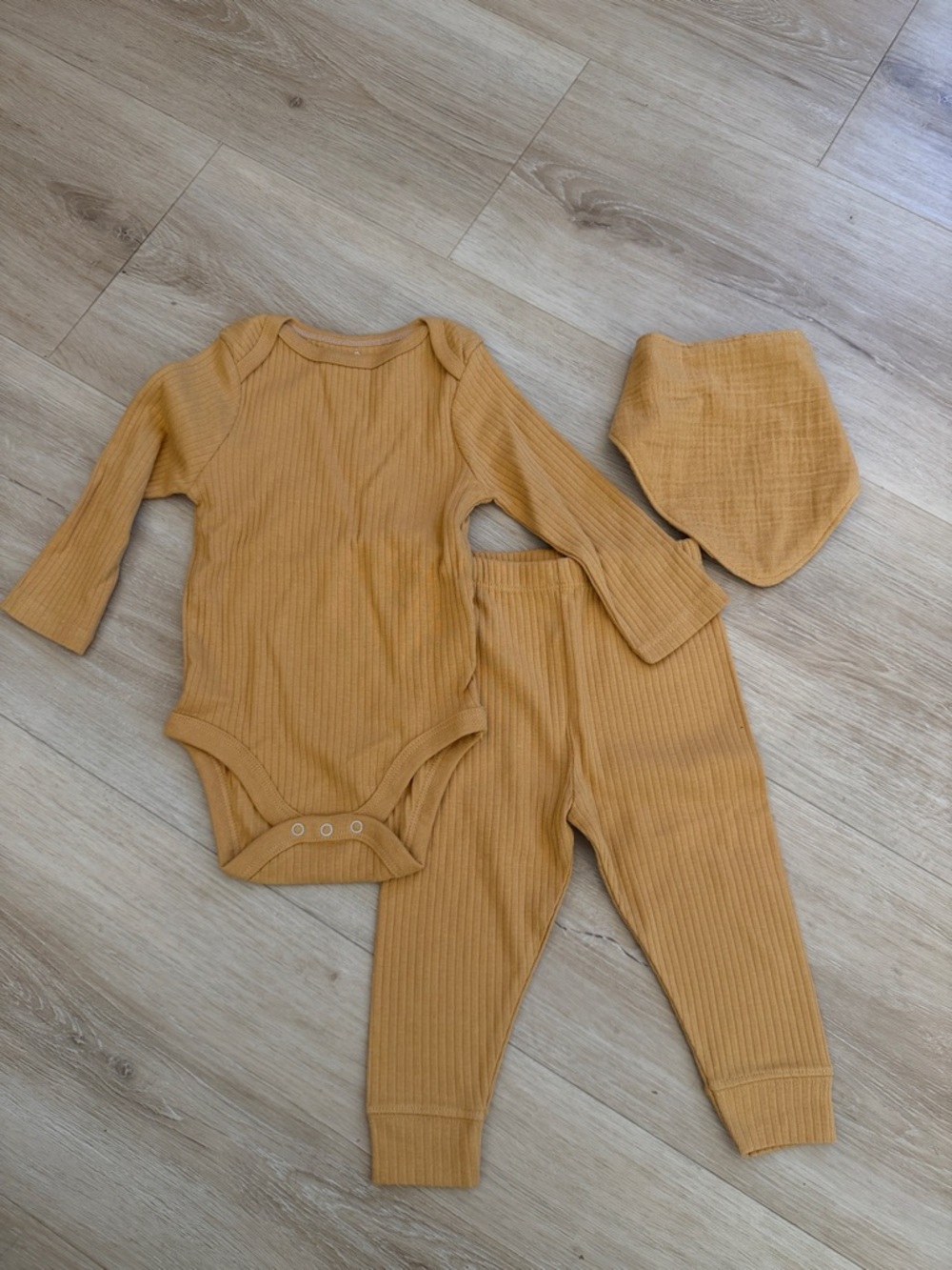 Neutral Ribbed Mustard Baby One-Piece Set with Bib